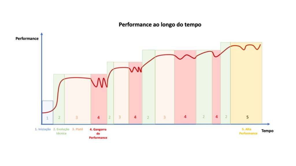 gráfico representativo da gangorra de performance na formação de um atleta de tiro esportivo.